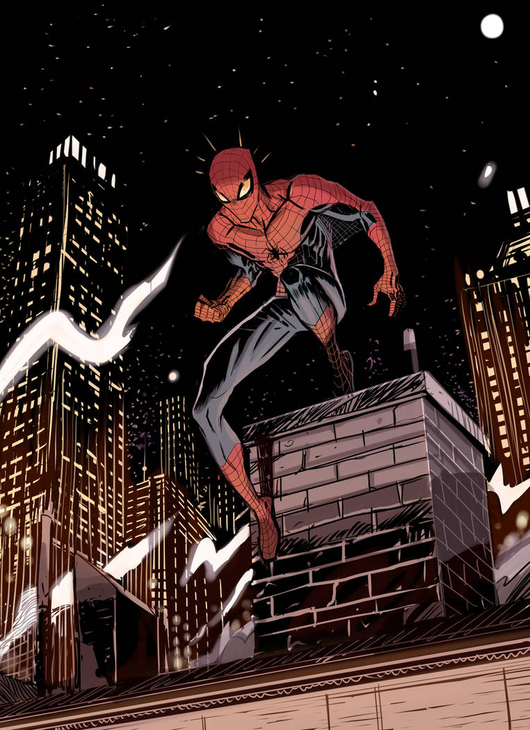 Ночь человека паука. Человек паук комикс. Человек паук комикс арт. Человек паук в городе арт. Человек паук ночью.