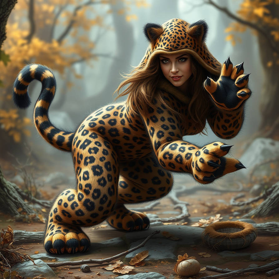 She was in a furry full-body leopard skin suit, he