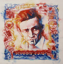 Johnny Cash portrait -  ink on wet paper