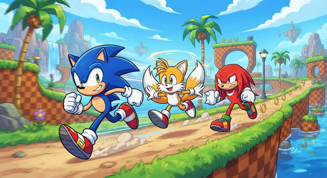 Team Sonic Running at Green Hill (Gemini AI)