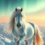 Wild snow stallion on a snowy mountain peak, thick