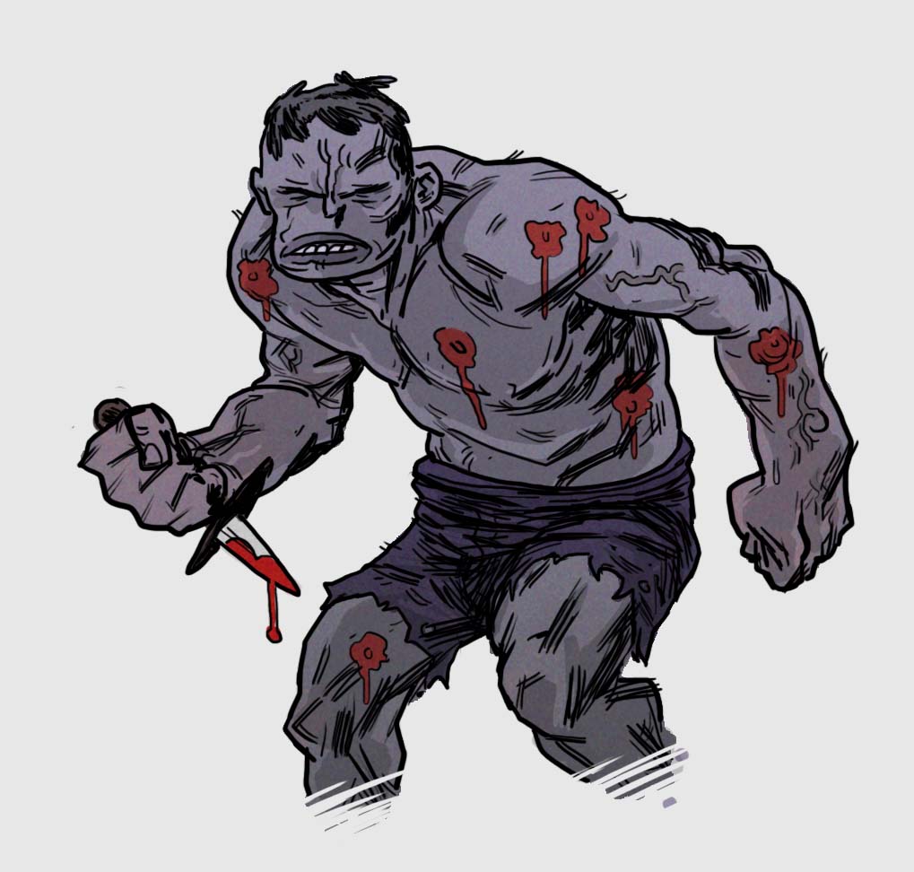 grey hulk with wounds and knife