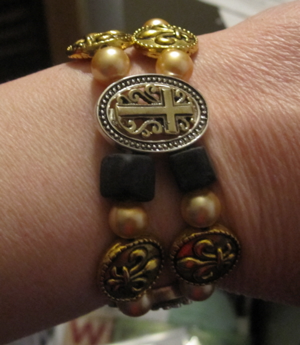 Gold cross and fleur-de-lis slide bracelet