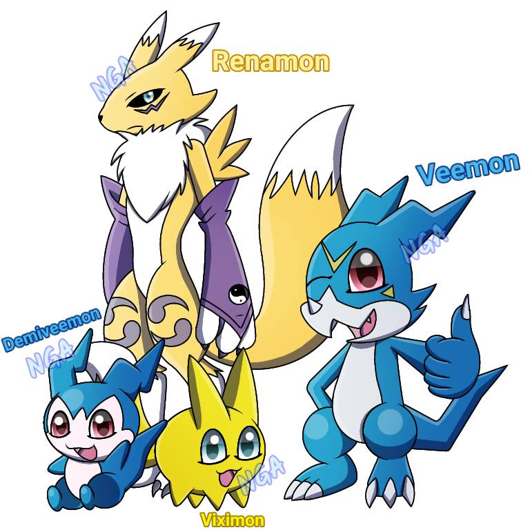 Renamon, Veemon, Demiveemon, and Viximon by NeviaGreatestArt on DeviantArt