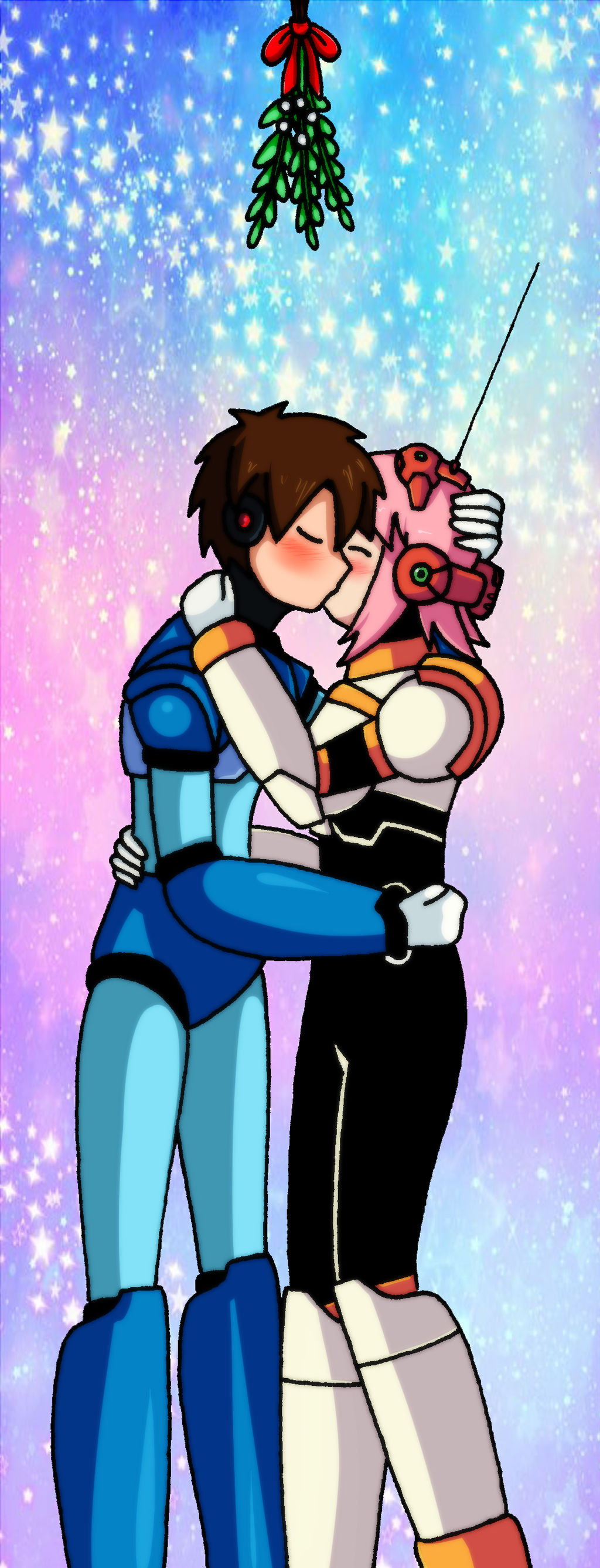 Megaman X and Nana kissing under a mistletoe