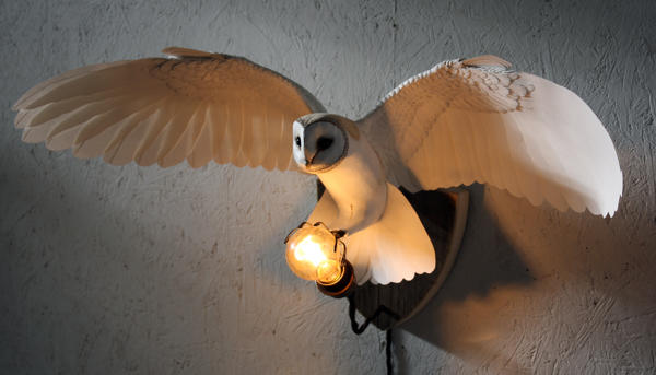 Handmade paper and wood Owl wall light