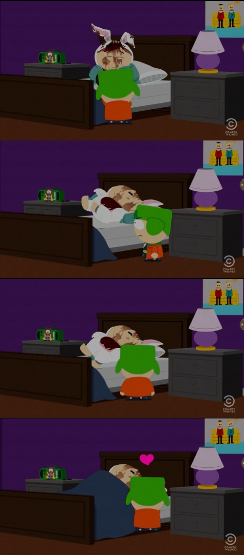 Kyle tucking Cartman in bed.