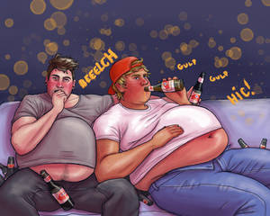 2 bros...guzzling beer on the couch...
