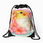 Cockatiel With Frangipani Realistic Painting Drawstring Bag