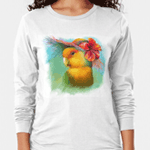 Orange-faced Lovebird with Hibiscus Hat Realistic Painting Long Sleeve T-Shirt