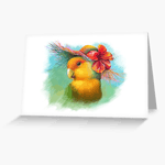 Click here to buy this Orange-faced Lovebird with Hibiscus Hat Realistic Painting Greeting Card! Orange-faced Lovebird with Hibiscus Hat Realistic Painting Greeting Card