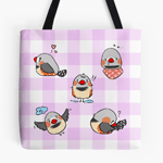Click here to buy this Zebra finch cute cartoon pink chekered pattern Tote Bag! Zebra finch cute cartoon pink chekered pattern Tote Bag