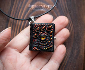 Miniature red dragon, wearable book necklace