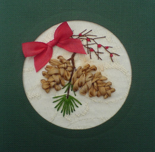 Silk ribbon pine cones card