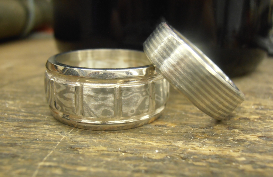 Mokume wedding rings Silver, Gold and Palladium by WeirdWondrous