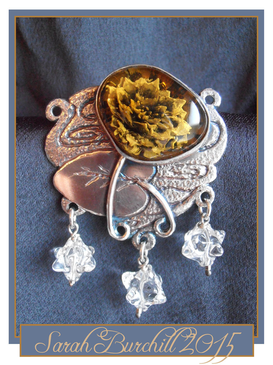 Water lily brooch with amber intaglio by fairyfrog