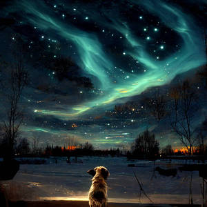 Dog watching northern lights 