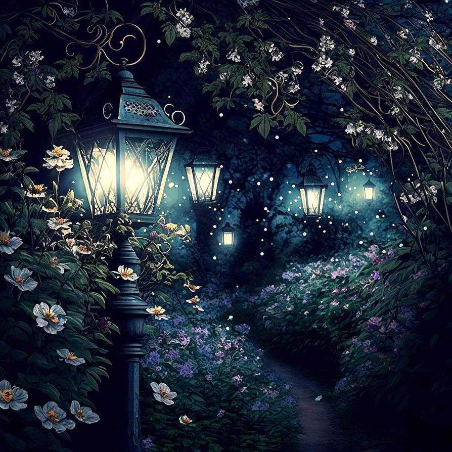 Garden with streelamps by TheNocturnalSpirit on DeviantArt