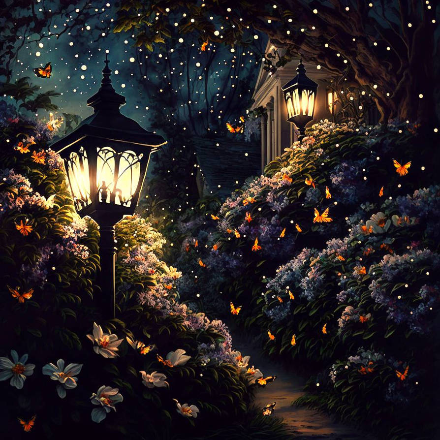 Garden with fireflies and lanterns by TheNocturnalSpirit on DeviantArt