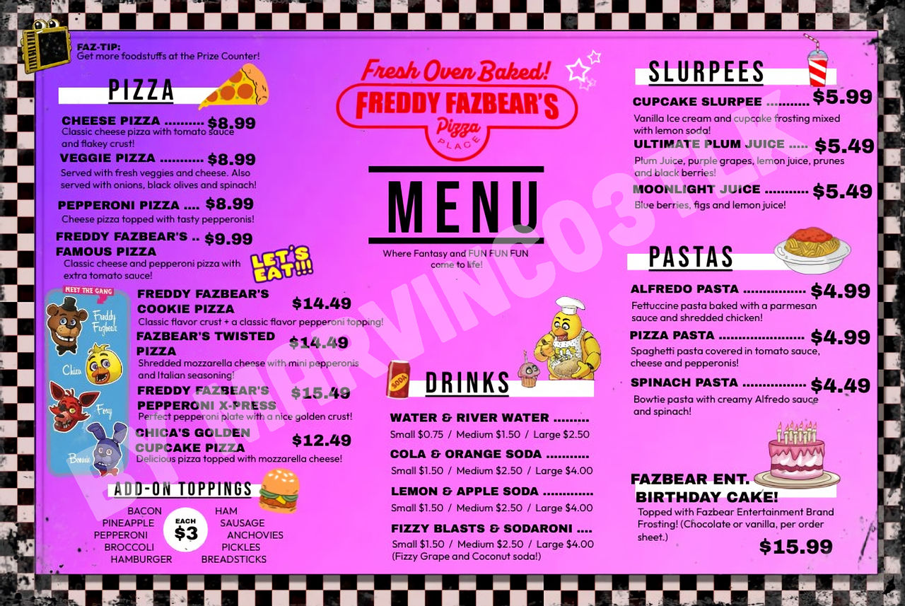 FNaF - Freddy Fazbear's Pizza (Food) Menu! by MarvinC03TLK on DeviantArt