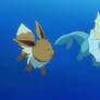 Eevee and Vaporeon swims underwater