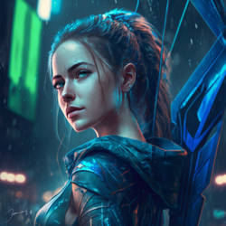 A cyberpunk girl in the rain