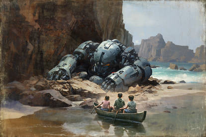 Abandoned robot wreckage on the beach