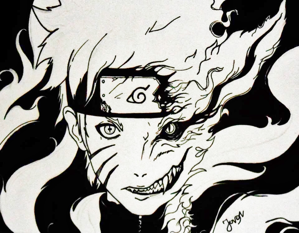 side close up portrait of Naruto wearing black and white ninja s