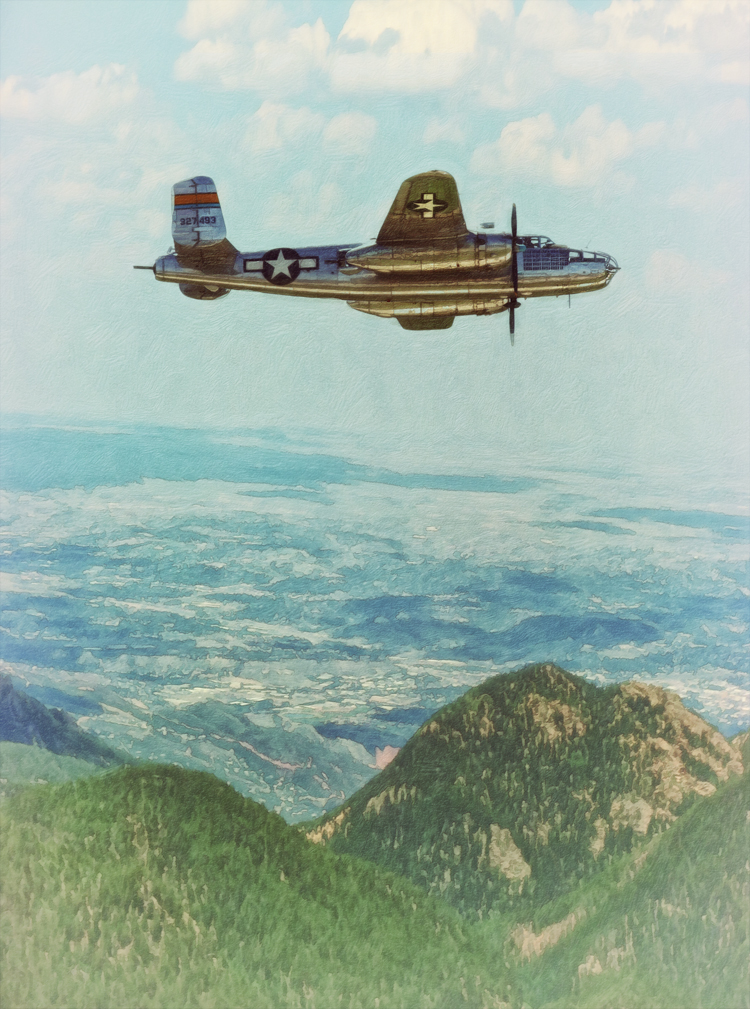 B25 Miss Mitchell Bomber Flying by Shawna Mac