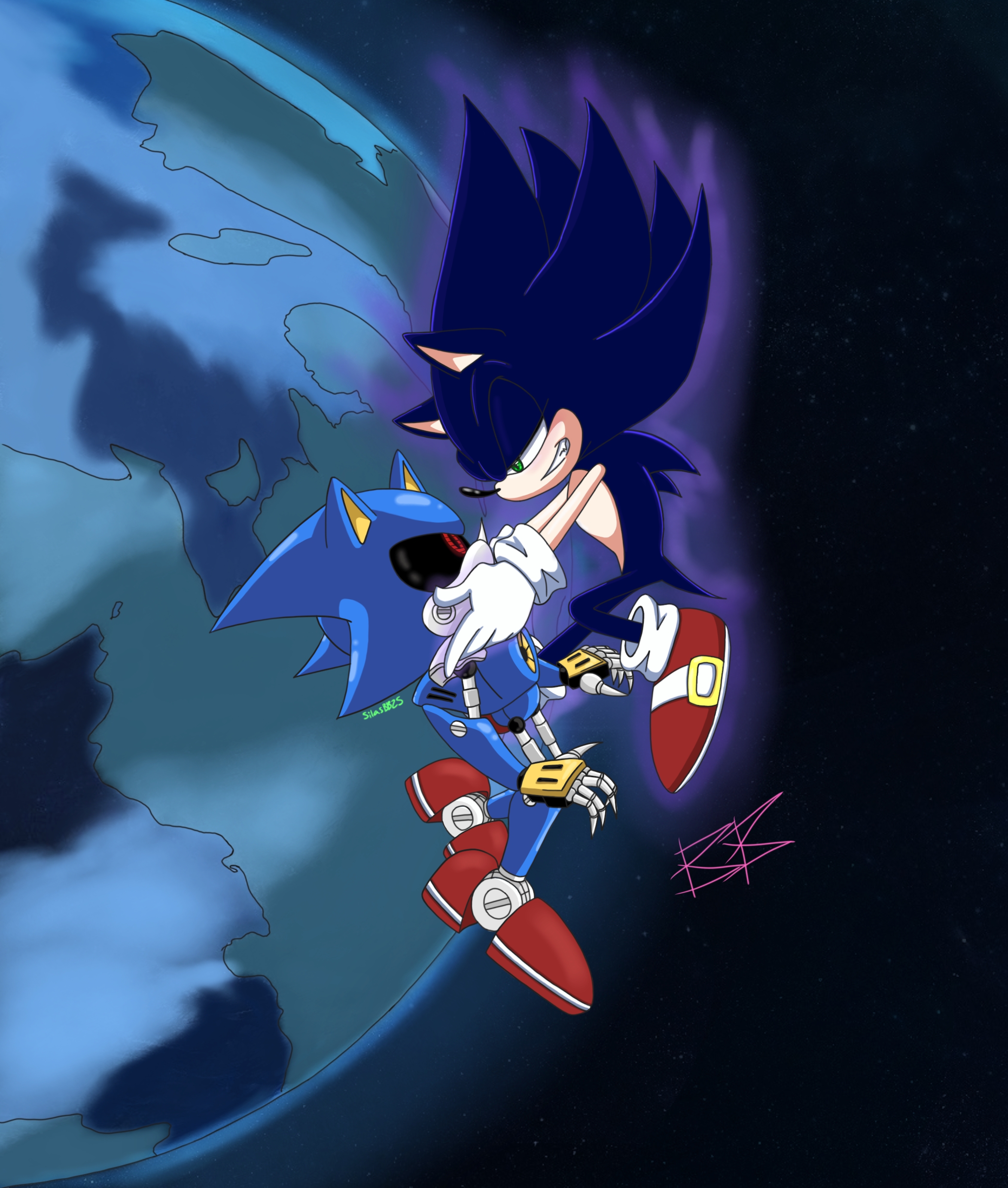 sonic the hedgehog and mecha sonic (sonic and 2 more) drawn by  banel_springer