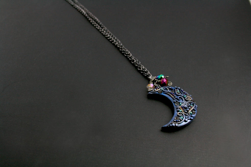 Crescent Moon Polymer Clay Rhinestone Necklace