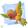 That sun conure wearing a box