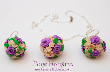 set of earrings and pendant flower balls