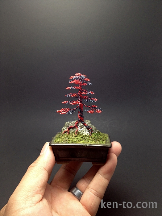 Red hematite wire bonsai tree sculpture by Ken To