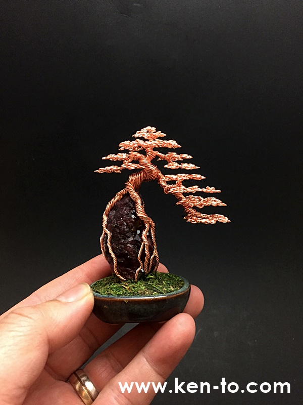 Copper root-over-rock wire bonsai tree by Ken To