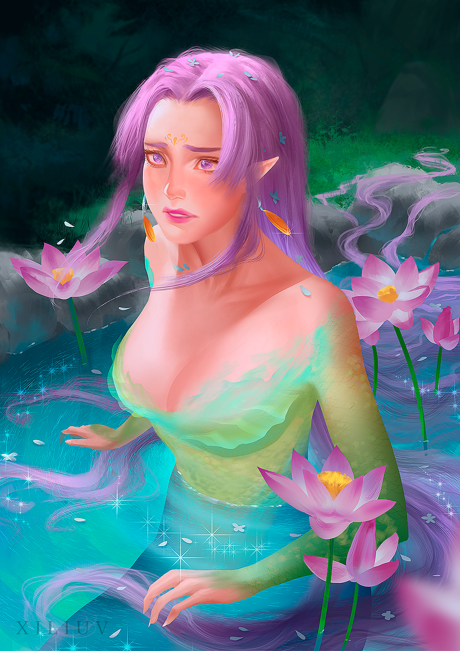 mermaid, water, fantasy, illustration, portrait, water lily