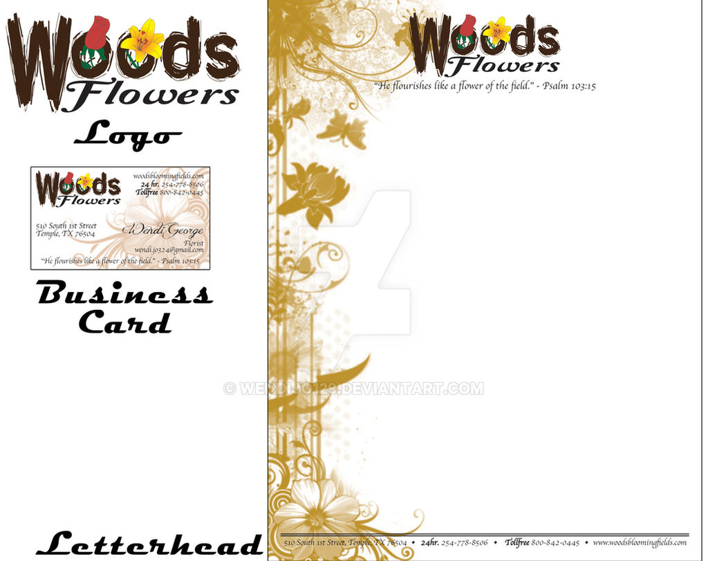 Woods Flowers Logo, Business Card, Letterhead