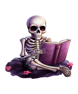 Skeleton reading a book, one more chapter,  Read m
