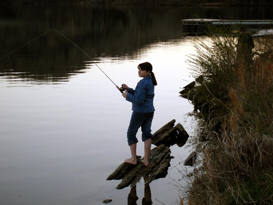 Photo: Barefoot Girl Fishing