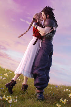Zack and Aerith Hugging and Kissing(FF7 Fanart)