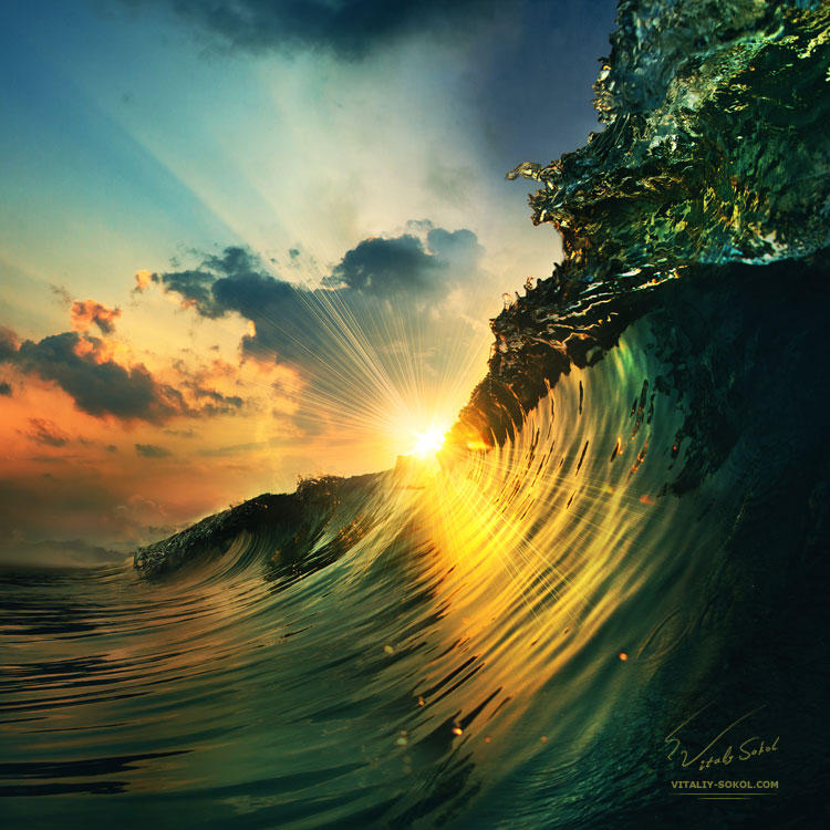 Sunset on the beach with surfing ocean wave by Vitaly-Sokol
