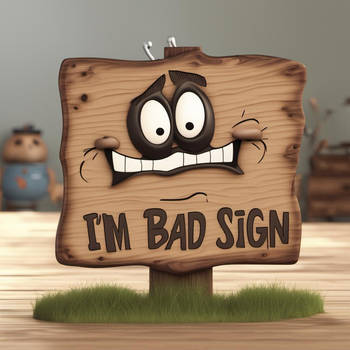 A grumpy adorable CGI cartoon wooden sign that say