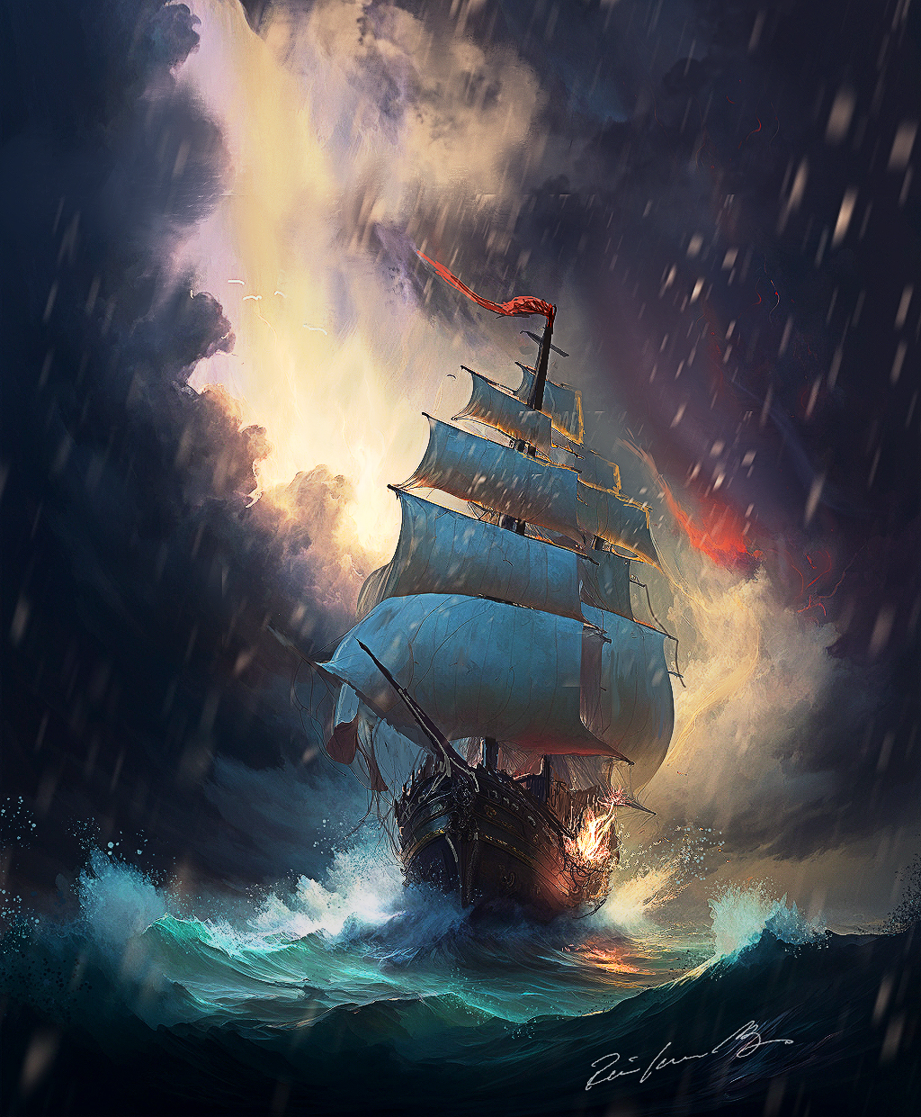 Pirate on the deck of a pirate ship during storm by Coolarts223 on