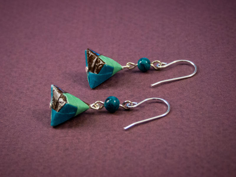 Aqua, Green, and Brown Triangular Origami Earrings