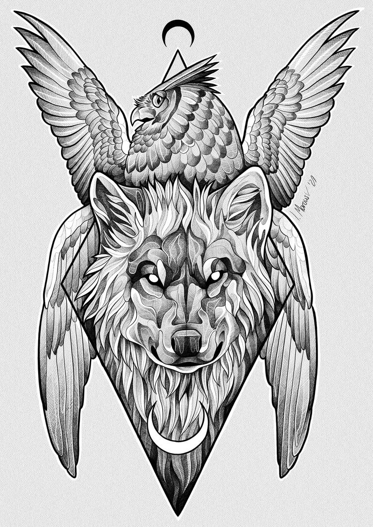 Tattoo Design Wolf and Owl by imarowski on DeviantArt