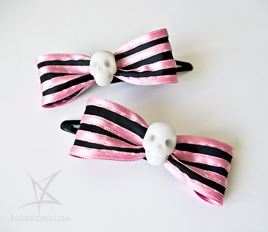 Pink striped skull hair clips