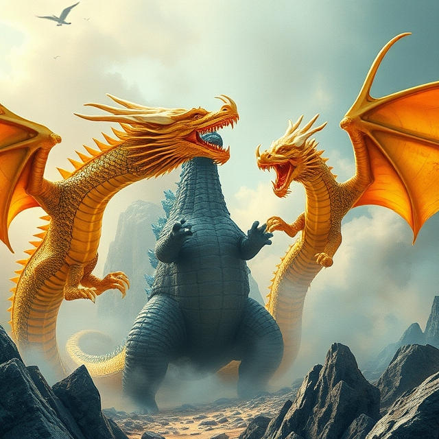 Wild Godzilla Godzilla fighting The weather monster Gold Dragon by Meteorite36 on ...