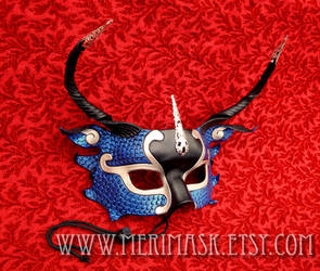 Blue Half-Dragon Silver Filigree Leather Mask