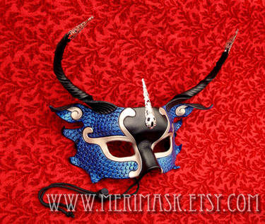 Blue Half-Dragon Silver Filigree Leather Mask