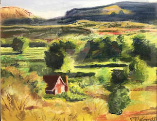 Pastel of red house in valley